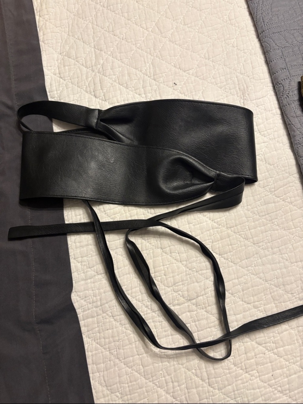 Black Faux Leather Obi Belt with Long Ties